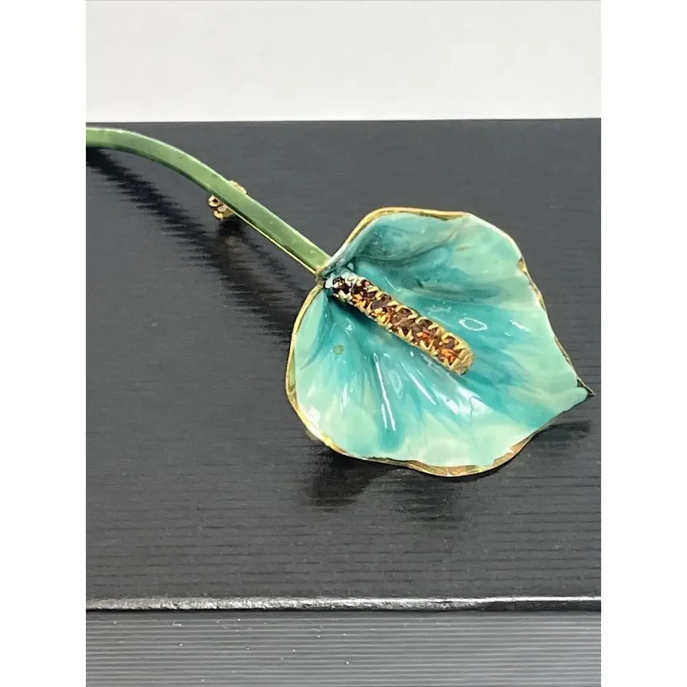 Sandor Vintage Brooch Gold Tone Enamel Green Blue Flower Amber Tone Rhinestone